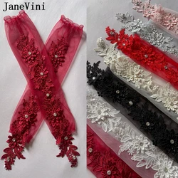 JaneVini – gants de mariée en Tulle perlé, longs, avec des appliques en dentelle, rouge vin, bordeaux, sans doigts