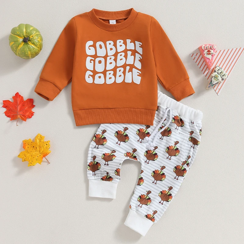 Kids Thanksgiving Outfits Turkey Print Long Sleeve Sweatshirts and Pants 2Pcs Set Toddler Boys Girls Fall Clothes