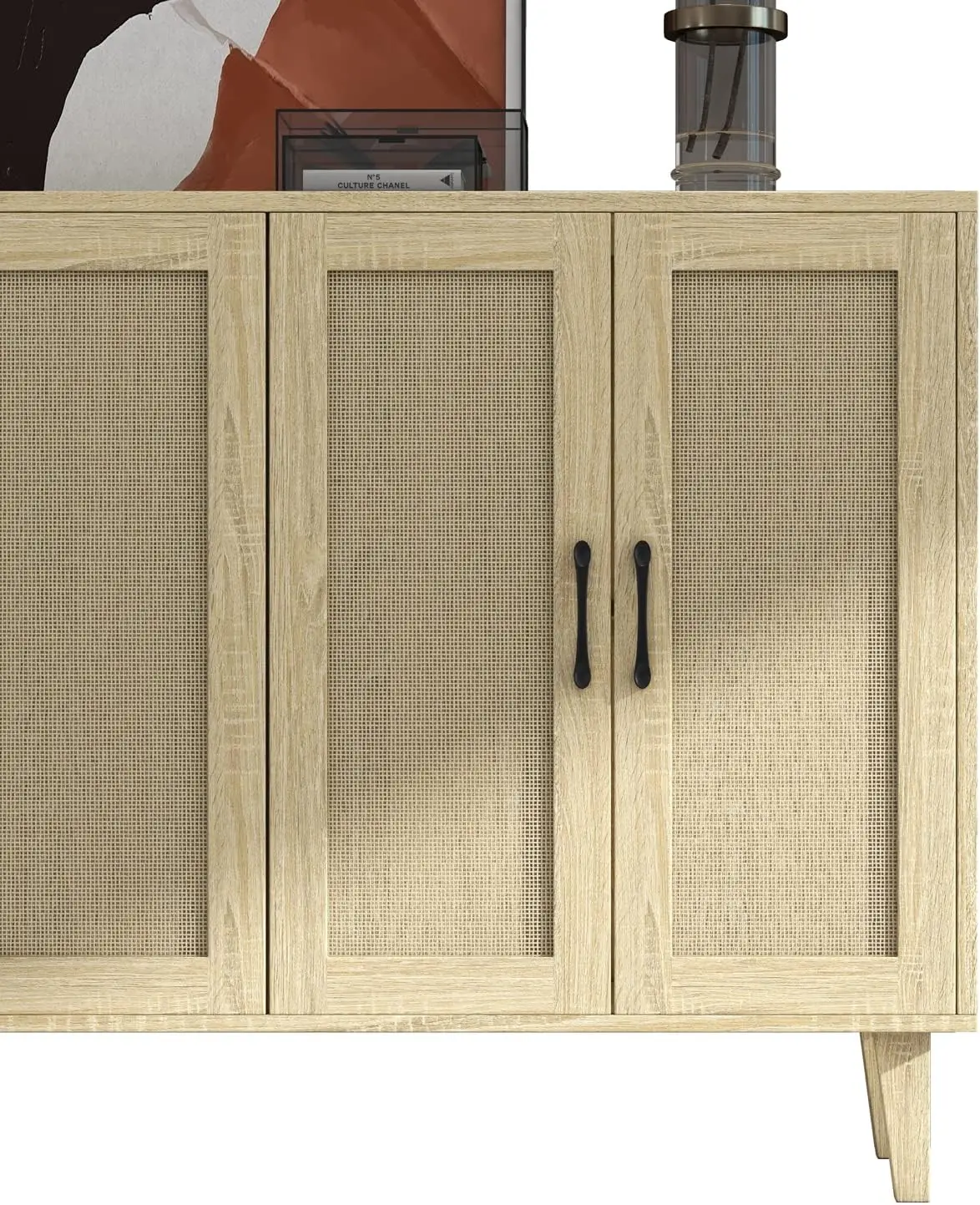 Buffet Storage Cabinet with Rattan Decorating 4 Doors Living Room Kitchen Sideboard