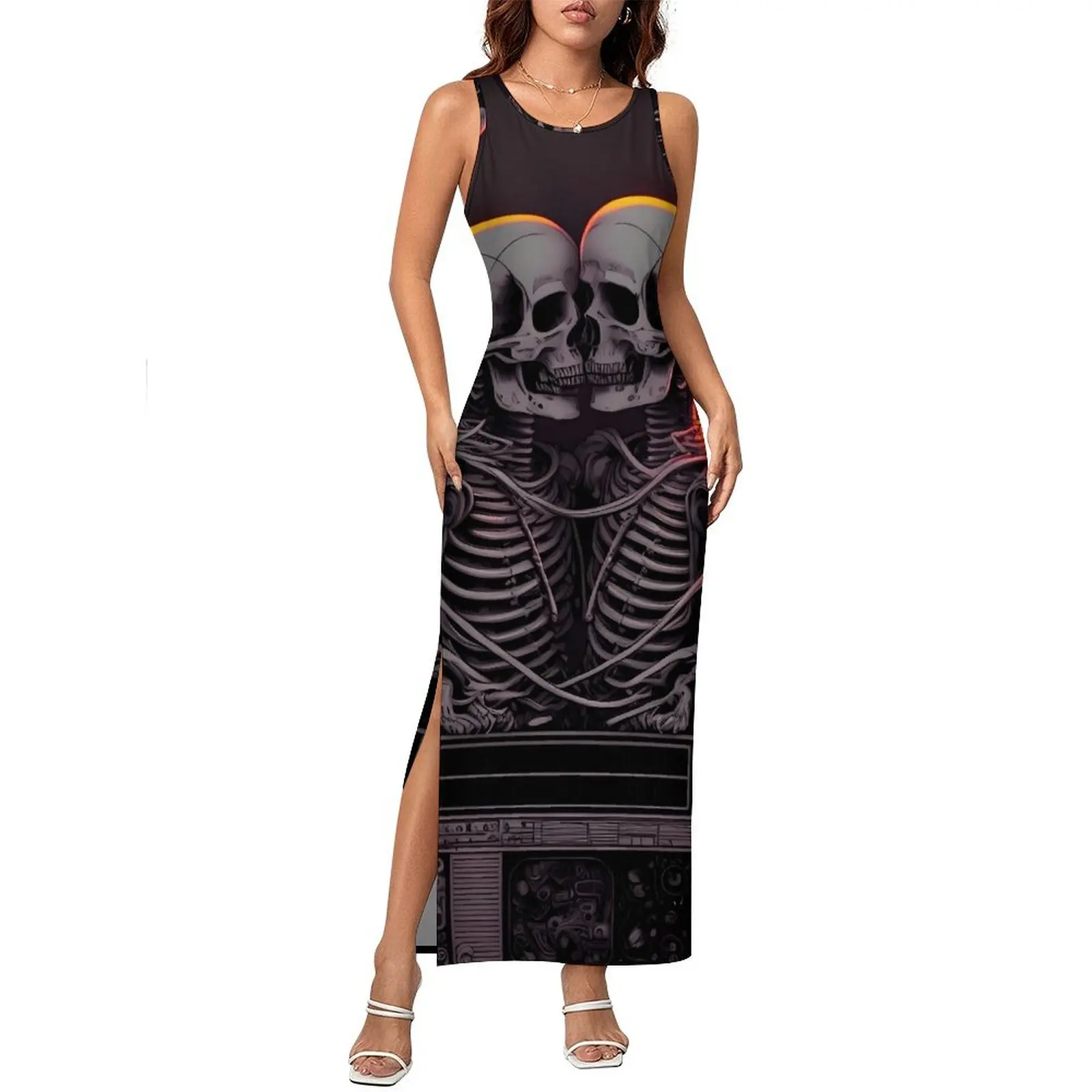 Gothic Lovers Bodycon Jurk Lente Skelet Print Casual Maxi Jurken Dames Mouwloos Ontwerp Esthetische Jurk Big Size 3XL 4XL