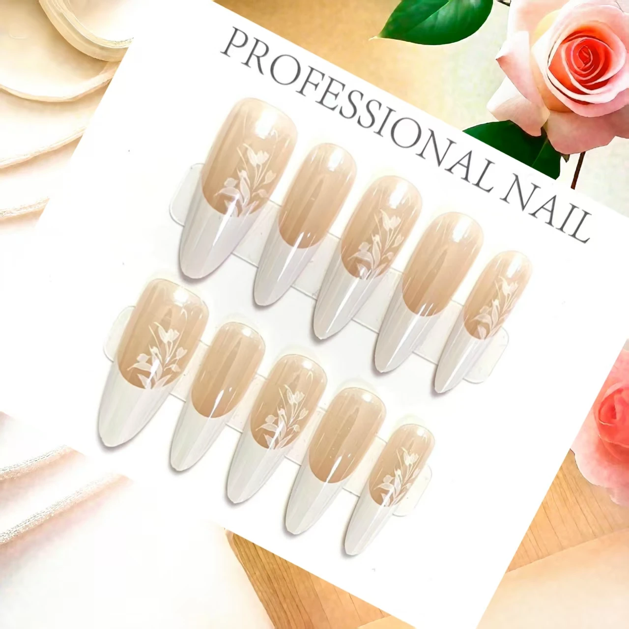 10개입 긴 타원형 네일 아트 핸드메이드 프레스온 네일 작은 난초 디자인 심플하고 우아한 모든 행사에 적합 4종 도구 포함