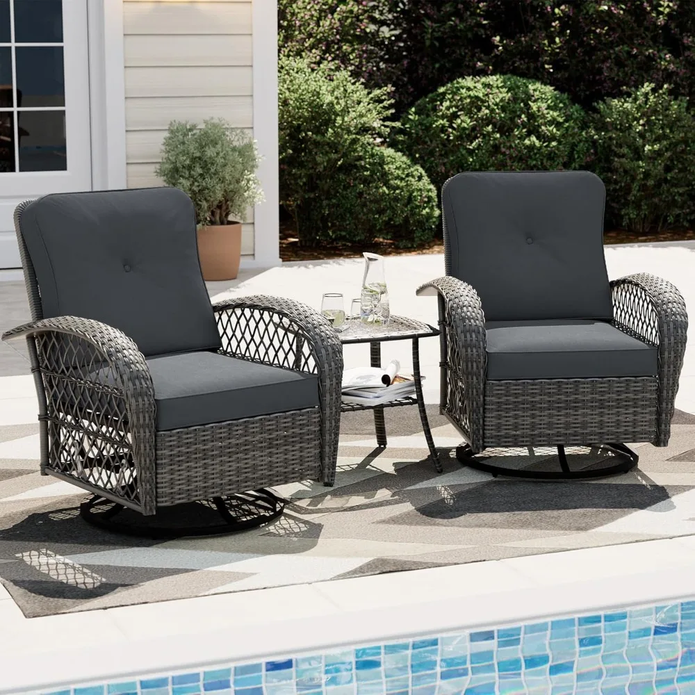 

Outdoor Swivel Rocking Chair Set of 3 Patio Bistro Sets Wicker Furniture Glider Rocker Chairs with Side Table for Deck, Balcony