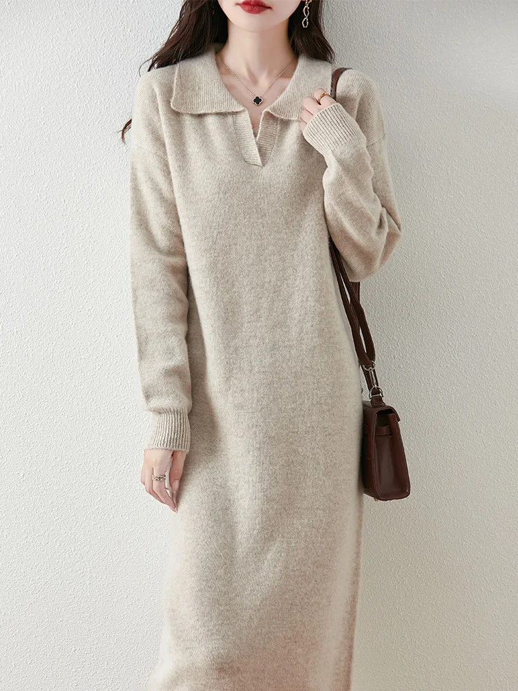 Women Wool Dress Polo Collar Pullover Sweater 100% Merino Wool Knitwear Straight Skirts Casual Fashion Wool Autumn Winter Dress