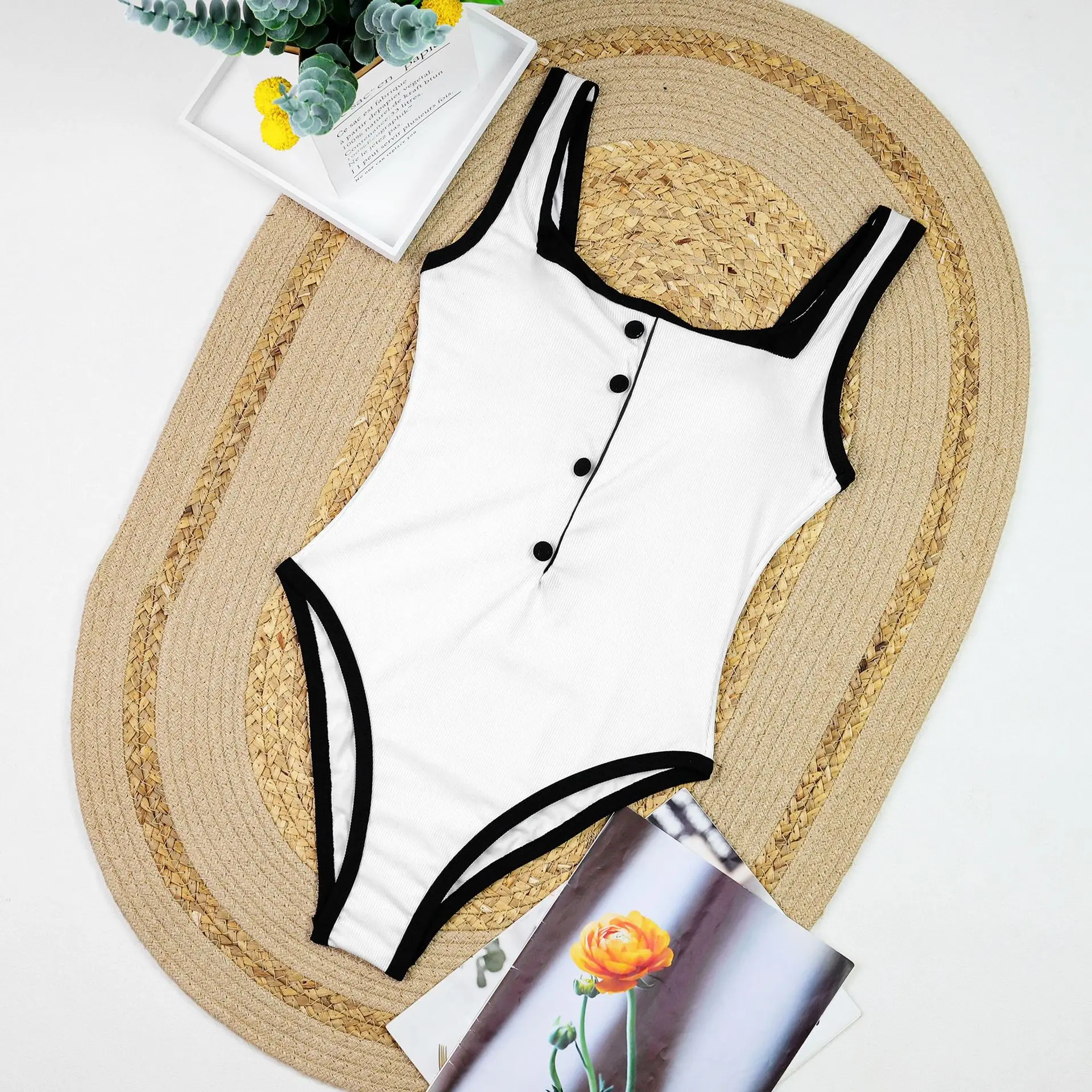 2026 Bikini One piece Swimsuit For Women Swimwear Sexy Beachwear Female Swim Suit Vintage Button Bodysuit Solid Bathing Suit