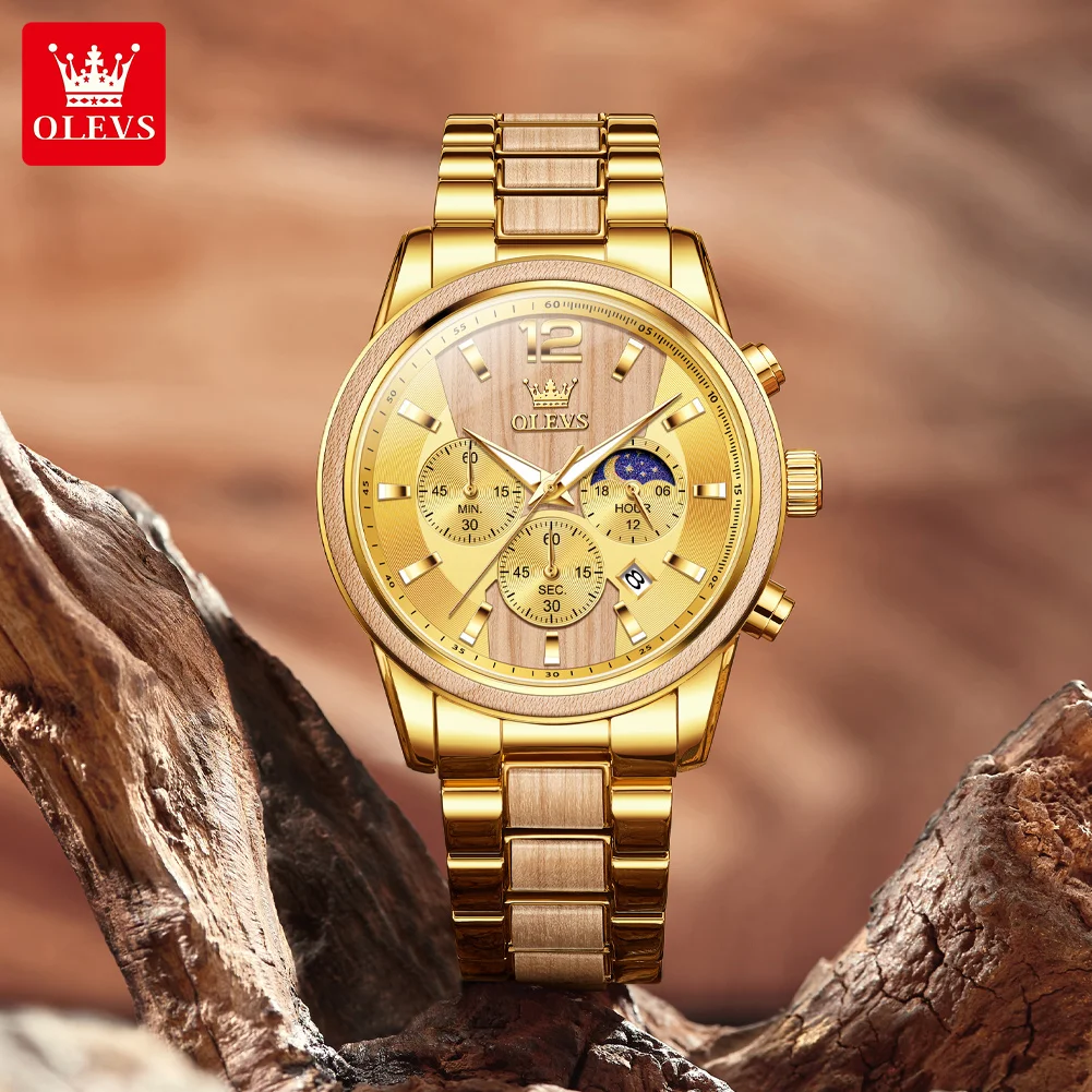 OLEVS 3645 NEW Quartz Watch for Men Waterproof Moon Phase Textured Solid Wood High Quality Man Hand Clock