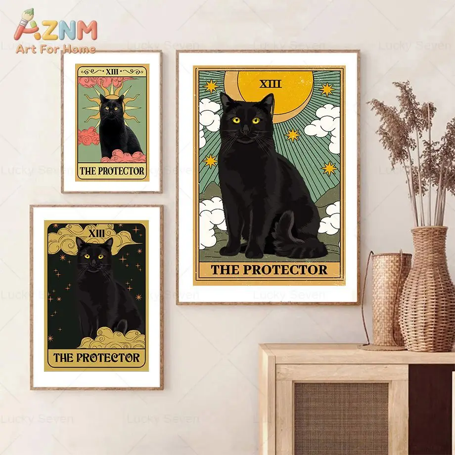 AZNM Vintage Tarot Card Black Cat The Protector Canvas Wall Art Print, Gothic Mystic Animal Poster Decor For Home Bedroom Living