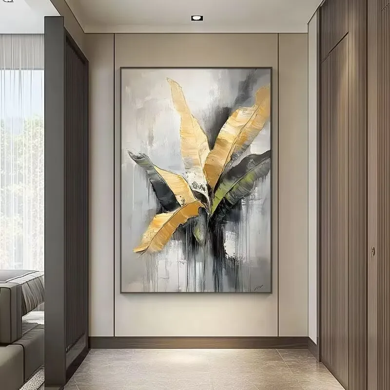

Gold Foil Texture Big Leaf Hand Drawn Oil Painting,Wall Hanging Picture for Indoor Home Decoration, Living Room,Bedroom Entrance