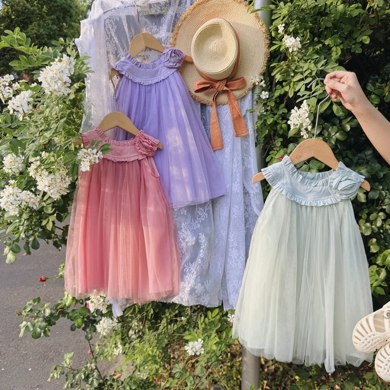

Resort Style Spaghetti Strap Mesh Girl's Dress Princess Dress Summer Rose Flower Children's Puffy Dress Beach Dress