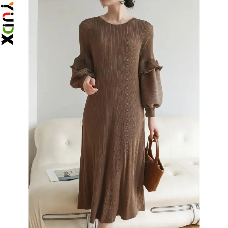 

YUDX Miyake Pleated Fungus Dress Women Full Puff Sleeve Medium Long Solid Color Round Collar Autumn Chic Style Loose 2024 New