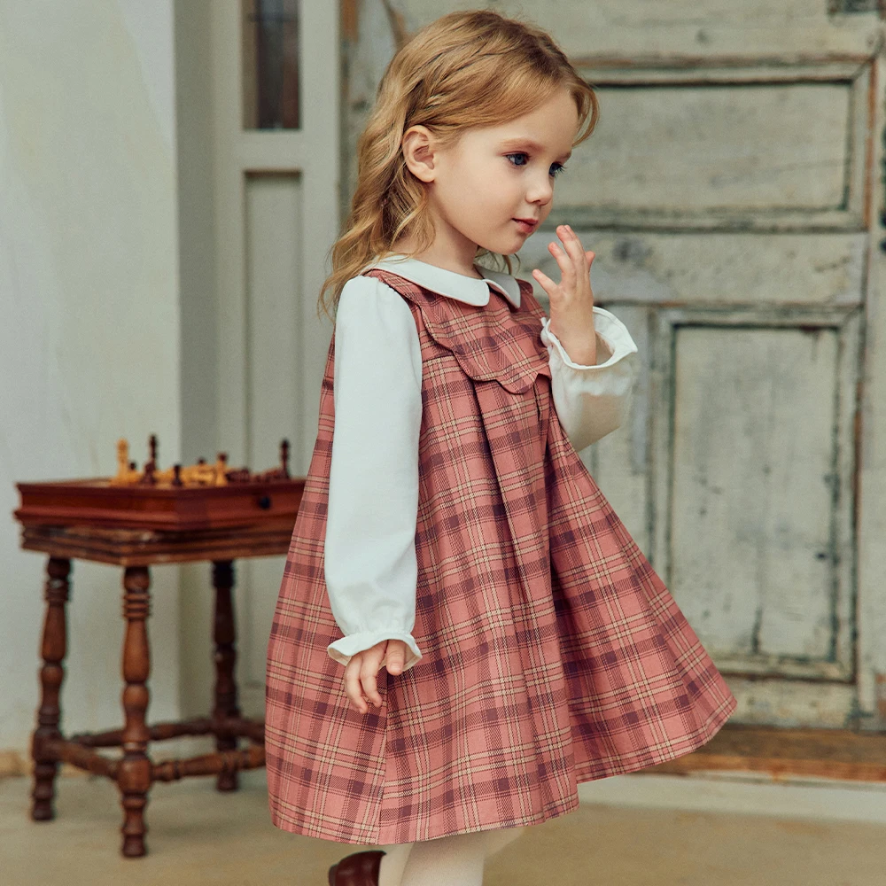Dave Bella Girls Princess Dress Sweet Cute Childrens Plaid Fake Two Piece Baby Long Sleeve Dress Outdoor Party DB3261130