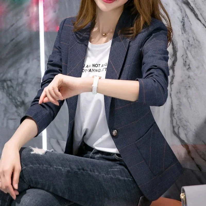 

Pop Pop 2025 Vintage Casual Plaid Blazer Women Fashion Single Button Office Ladies Jacket Coat Notched Collar Long Sleeve Blazer