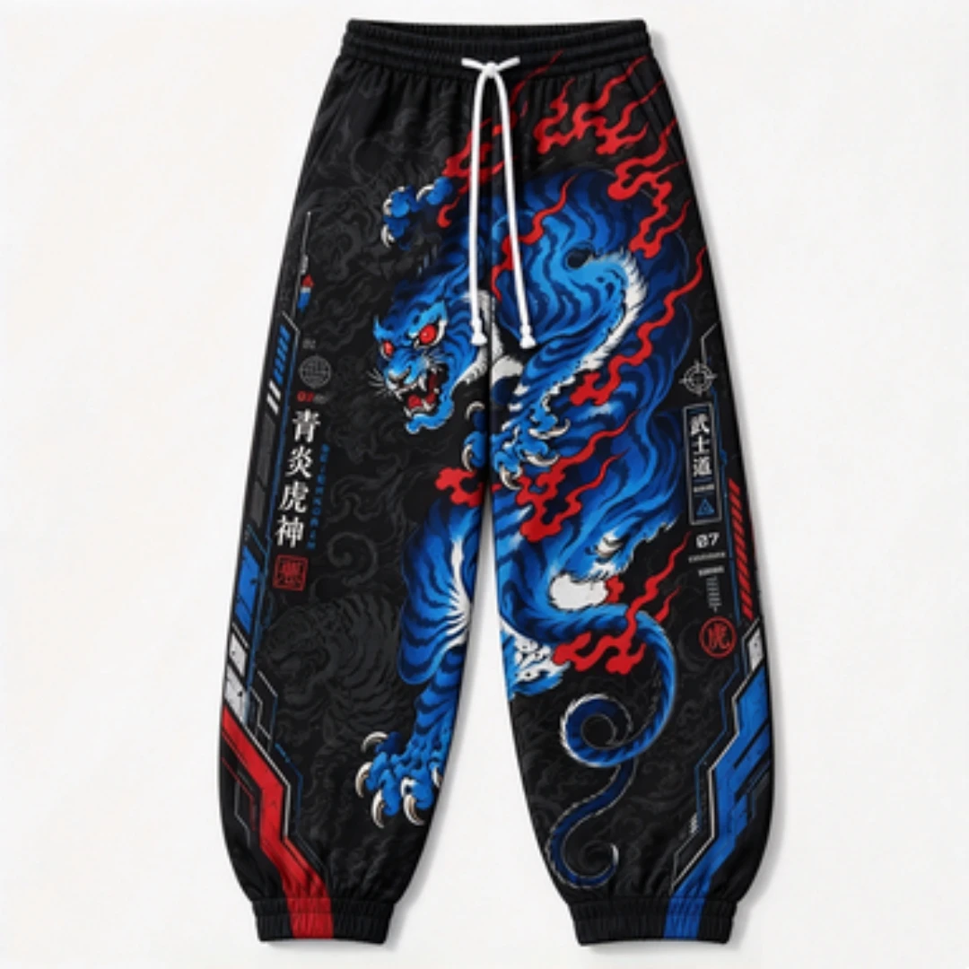 Ukiyo-e Flame Wild Blue Tiger Pattern Warrior Text Printing Technology Style Elastic Drawstring Street Casual Sports Pants