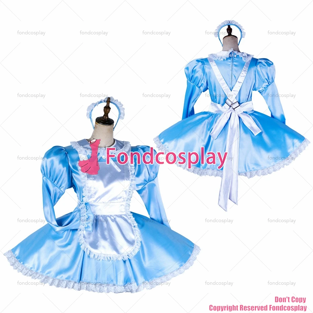 

fondcosplay adult sexy cross dressing sissy maid baby blue satin dress lockable white apron Peter Pan collar CD/TV[G2037]