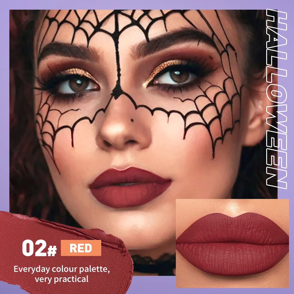 QIBEST 6 Color Halloween Makeup Sets Matte Liquid Lipstick Black White Purple Green Red Orange Lipgloss Non-Stick Cup Lipstick