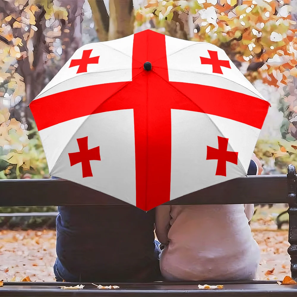 

Georgia National Flag White Background Red Cross And Four Small Red Crosses Print Auto Folding Umbrella Waterproof Windproof Com