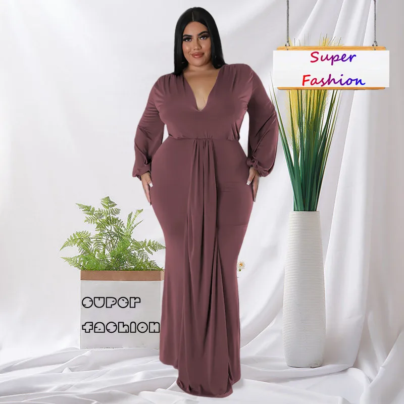 L-4XL Solide Langarm V-ausschnitt Unregelmäßigen Eleganten Plus Größe Kleider für Frauen 2022 Sexy Prom Kleidung Herbst Outfits Dropshipping