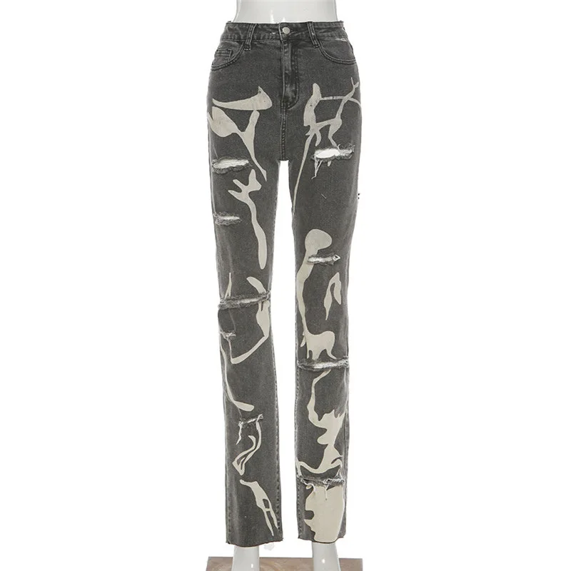 

Women's Destroyed High Waist Jeans, Urban Graffiti Print Bootcut Denim, Stretch Slim Retro Pants with Raw Hem Streetwear Autumn