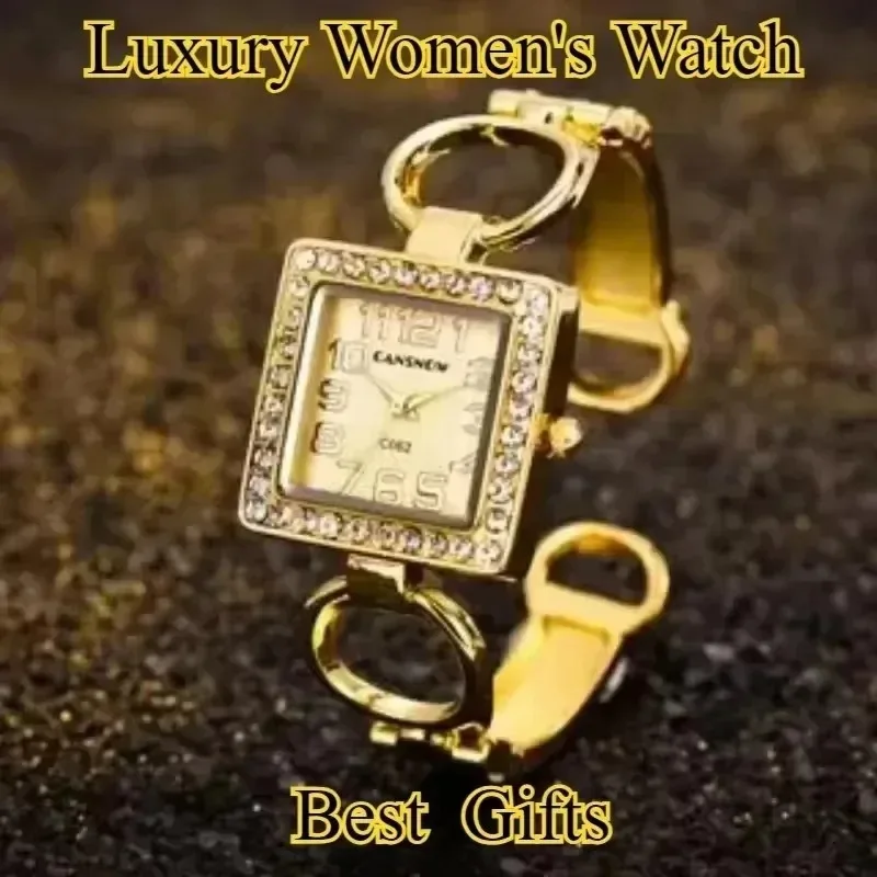 سوار ساعة فاخر من حجر الراين الذهبي للنساء والفتيات بتصميم علامة تجارية عتيقة بمينا مستطيل للسيدات كوارتز ساعة يد هدية