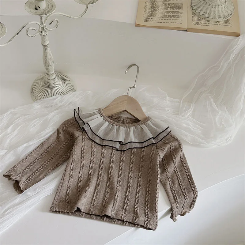 2024 New Autumn Infant Simplicity Blouse 0-24M Toddler Girls Cute Double Layered Mesh Lapel Undershirts Baby Bottoming Shirt