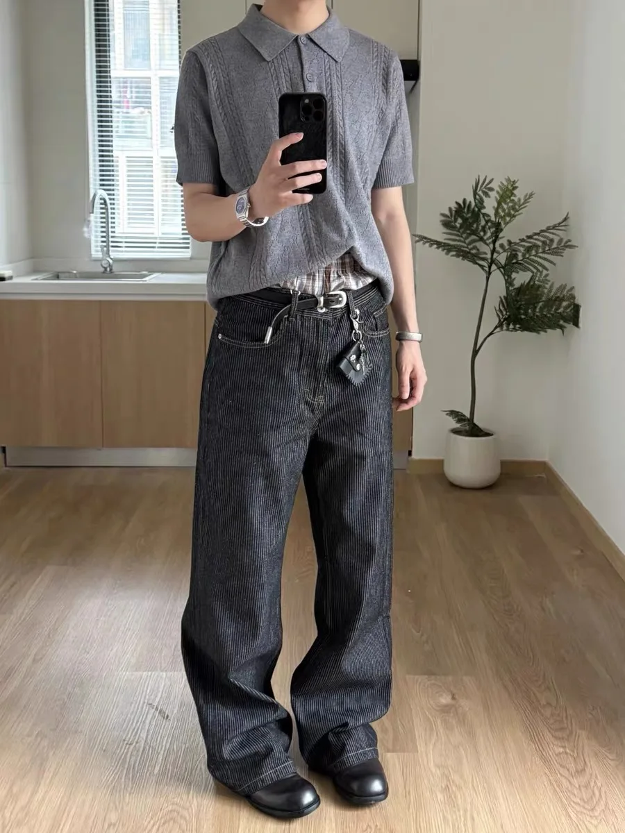 

American Retro Striped Waed Straight Leg Men's Jeans Casual A-Line Pants Wide Leg Casual Trousers for Teen Boys