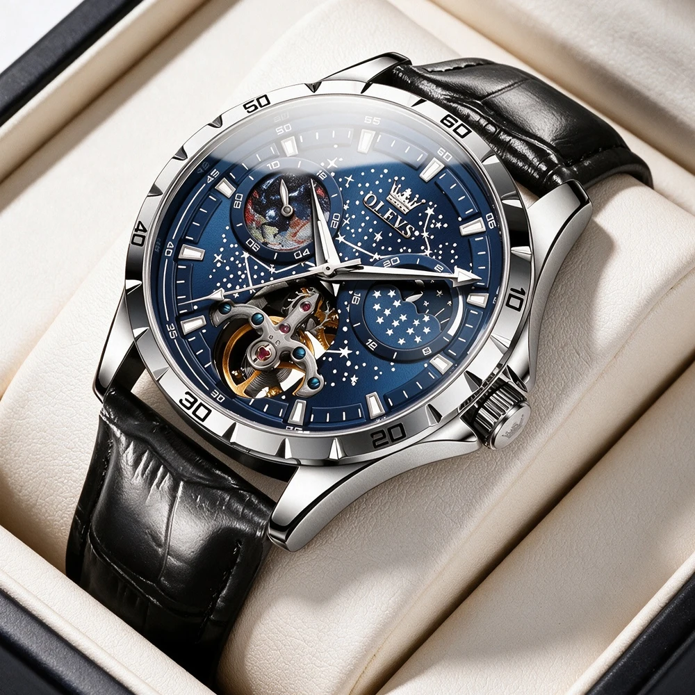OLEVS Men Automatic Mechanical Watch Blue Starry Sky Dial Moon Phase  Leather Strap Waterproof Luxury Tourbillon Wristwatch Gift