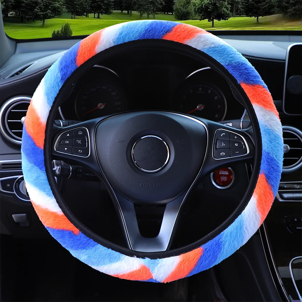 Winterwarmer Damen-Lenkradbezug aus handfarbigem, gestreiftem Plüsch, 14,5–15 Zoll, Auto-Innenzubehör, randlos – Detail 6