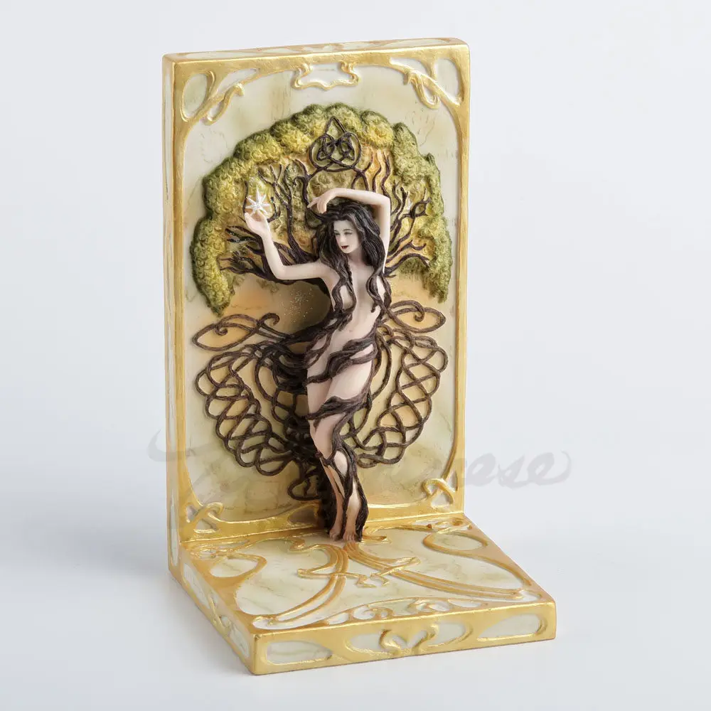 Art Nouveau Tree Goddess Bookend Resin Life Tree Female Figurine Book Holder Vintage Carved Book Support Home Office Desk Decor