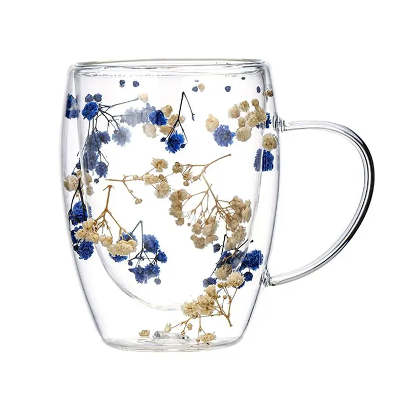 ABJO-2X Real Flower Double Glass High Appearance Level Full Star Dried Flower Milk Coffee Glass 350Ml Household Cup C