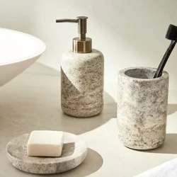 Natural Marble Bathroom Set Gray Travertine Soap Bottle Toothbrush Holder Stone Home Decoration Elegant Design