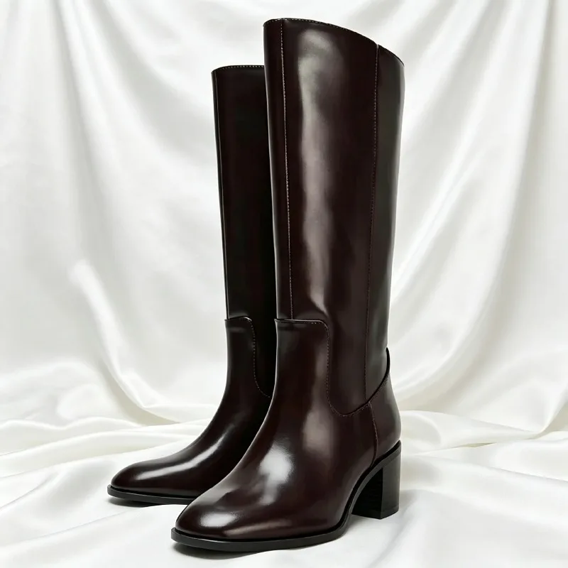 Vintage Brown Soft Leather Knee Boots for Women Novelty Patchwork Design Chunky Heel Knight Boots Fashion Round Toe Long Boots