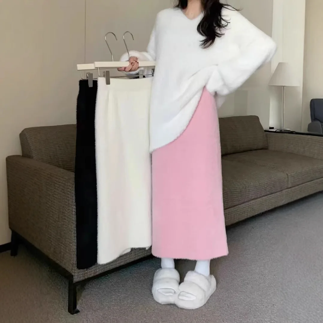 

Fashion Imitation Mink Lazy High Waist Knitted Gentle Long Straight Skirt Autumn New Drop Skirt Women's 2025 Spring And Autumn N