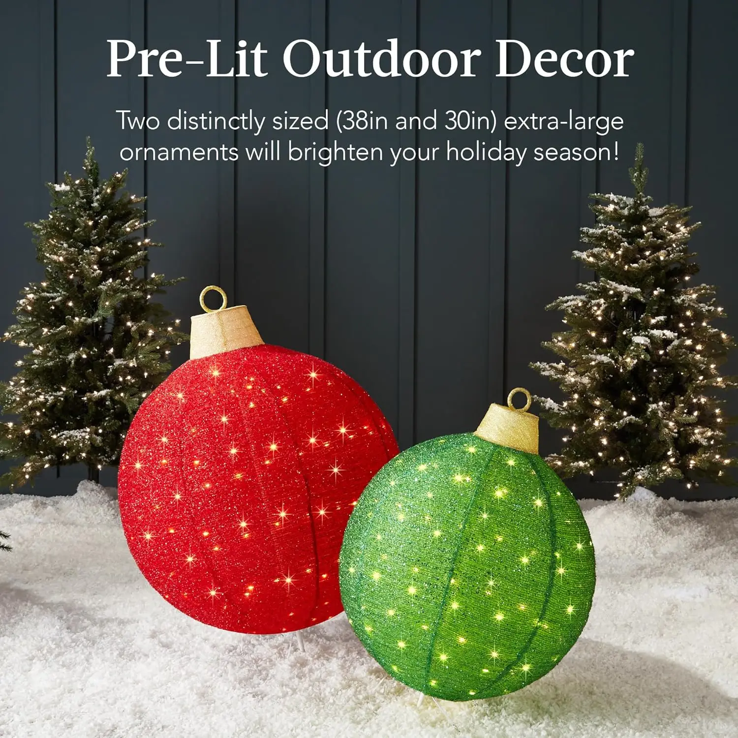 2pc Lighted Pop-Up Outdoor Christmas Ornament Set, Holiday Ball Decoration w/ 180 LED Lights, 8 Light Functions - Red/Green