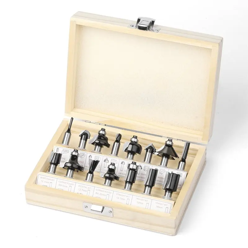 VEHO-Woodworking Router Bits 15-Piece Set 8-Handles Black Engraving Machine/Electric Wood Trimmer Bit Set