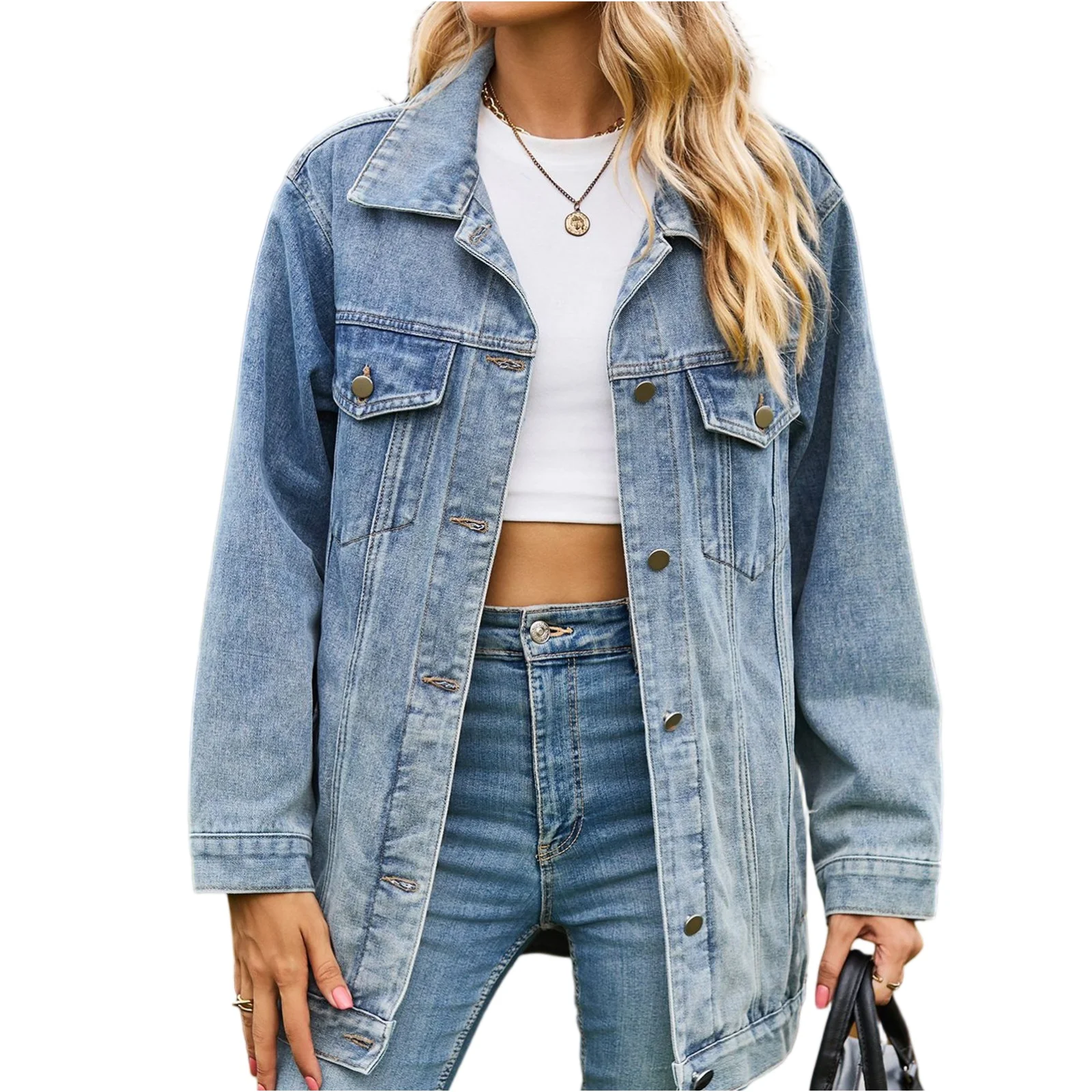 

Ретро однотонная женская модная универсальная классическая куртка высокого качества с лацканами и длинными рукавами, удобная свободная джинсовая куртка, пальто