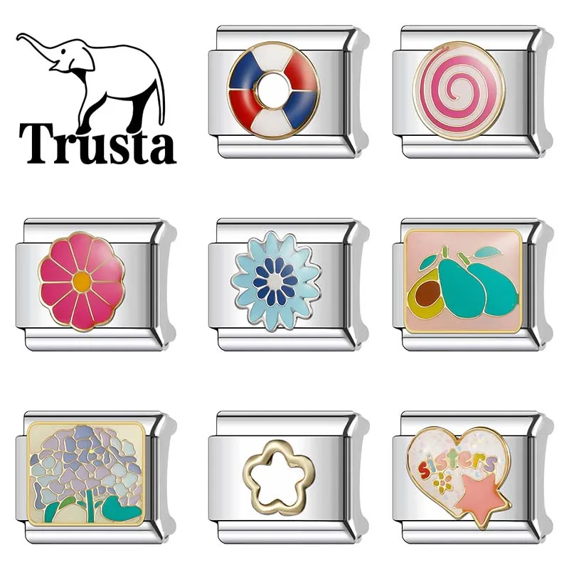 Trusta 2024 Fashion Heart Sister Flower Charm Italian Links 9mm Bracelet Stainless Steel for Women DIY Jewelry Wholesale N174