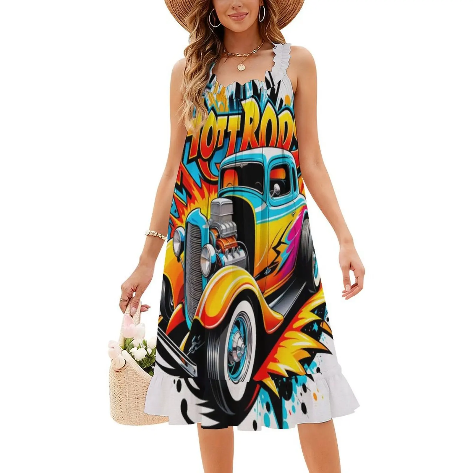 الكلاسيكية الساخن قضيب سيارة البوهيمي فستان بلا أكمام للنساء طباعة فساتين حفلات الشاطئ الساخن قضيب سحب سباق السيارات السريعة عالية المرأة