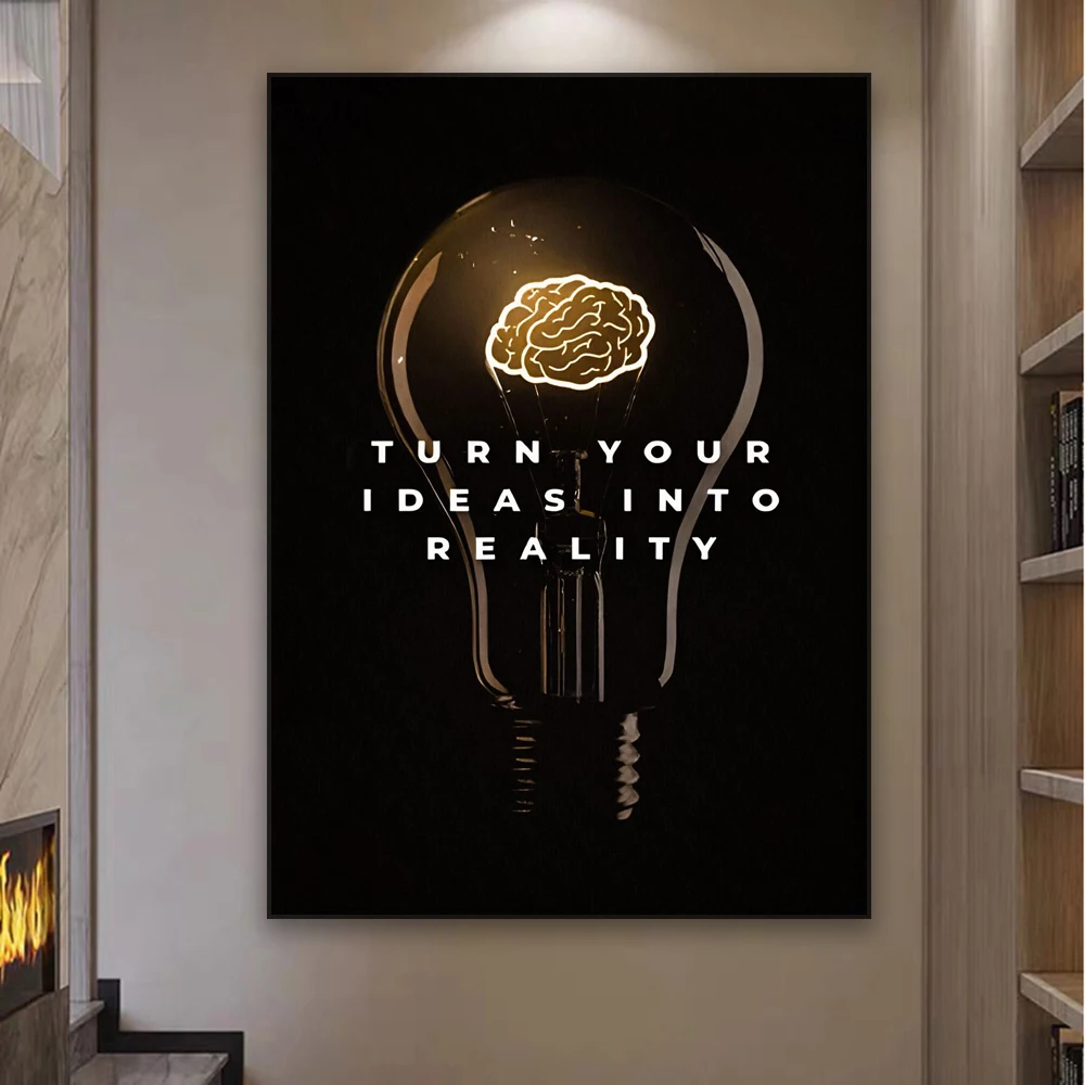 Modern Brain Art Poster Motivational Quote Art Turn Your Ideas Prints Black Wall Art Canvas Painting Office Success Art Decor