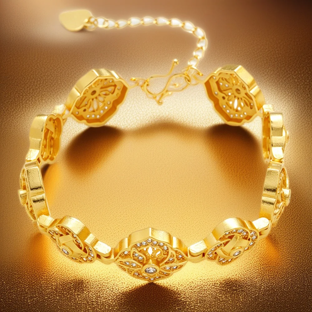 

Vintage Matte Hollow Lotus Zircon Women Gold Bracelet AU999 24K Solid Heart Extension Chain Valentine Best Friend Gift
