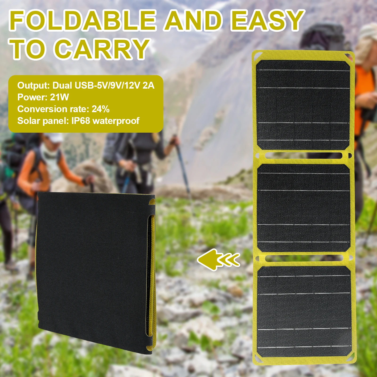 Outdoor powerful Portable Solar Panel 21W 2A IP68 Waterproof battery phone charger For USB A C Power bank suitable for Camp