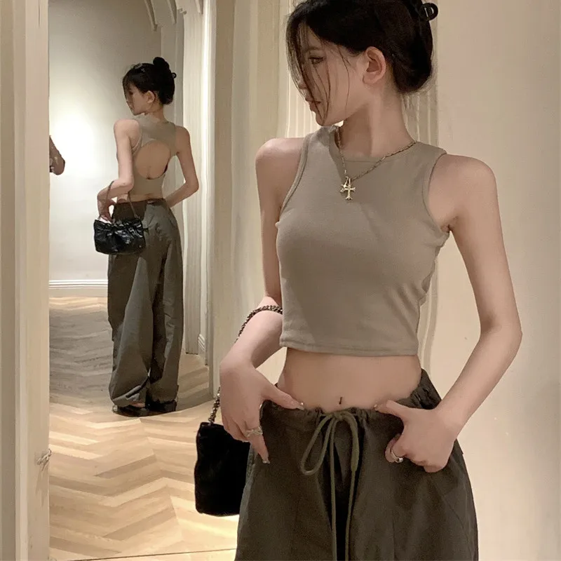 Backless Korean Fashion Crop Tops Women Hollow Out Sexy Kpop T-shirts Slim Y2K Vintage Harajuku Cheap Clothes Women Grey Tshirts