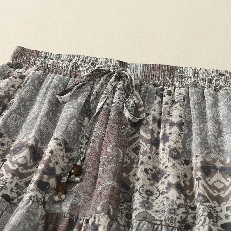 Ele Floral Luźna Spódnica Tortowa z Paskiem w Talii, Długość Midi, Wyszczuplająca, Nowa Letnia Moda, Uniwersalna, Bawełniana Spódnica Damska 00%