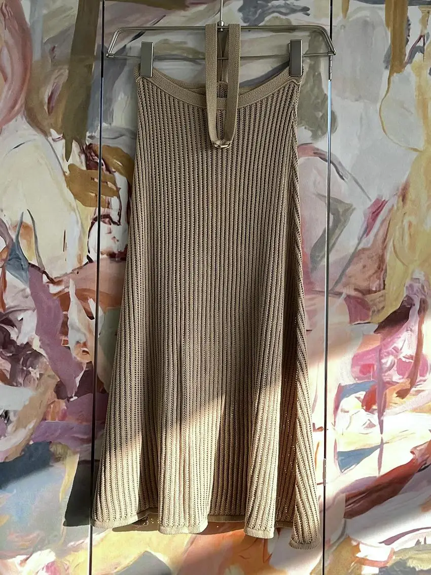 RUVE Knitted Mid-Length Half Skirt with Waist-Binding Sweater Vest Hollow out Design High Waist A-Line Cotton Gown