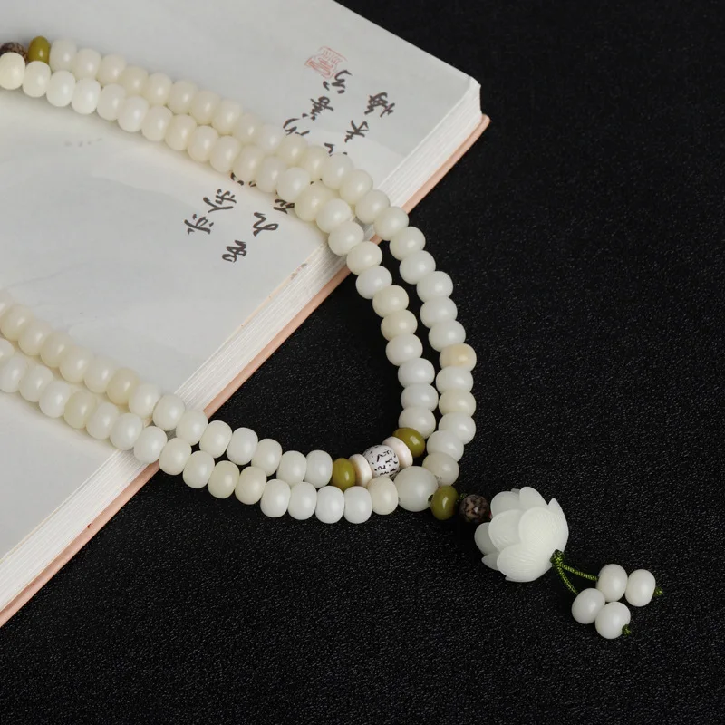 Bodhi Root Auspicious Bracelet Lotus White Jade Bodhi 108 Beads Advanced Rosary Lucky Jewelry Bring in Wealth and Treasure