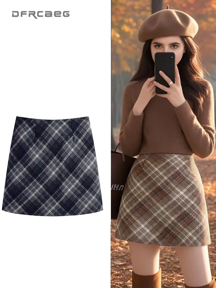 

Korean Style Plaid Vintage Short A-Line Skirt For Women Autumn Winter Streetwear Slim Woolen Pencil Skirts Female