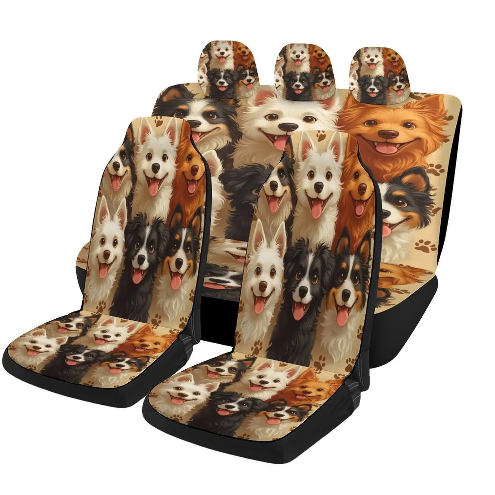 Puppy Faces Car Seat Cover Set - Cute Dog Design, Fit For Most Cars, All-Season Protection, Machine Washable, Durable Polyester,