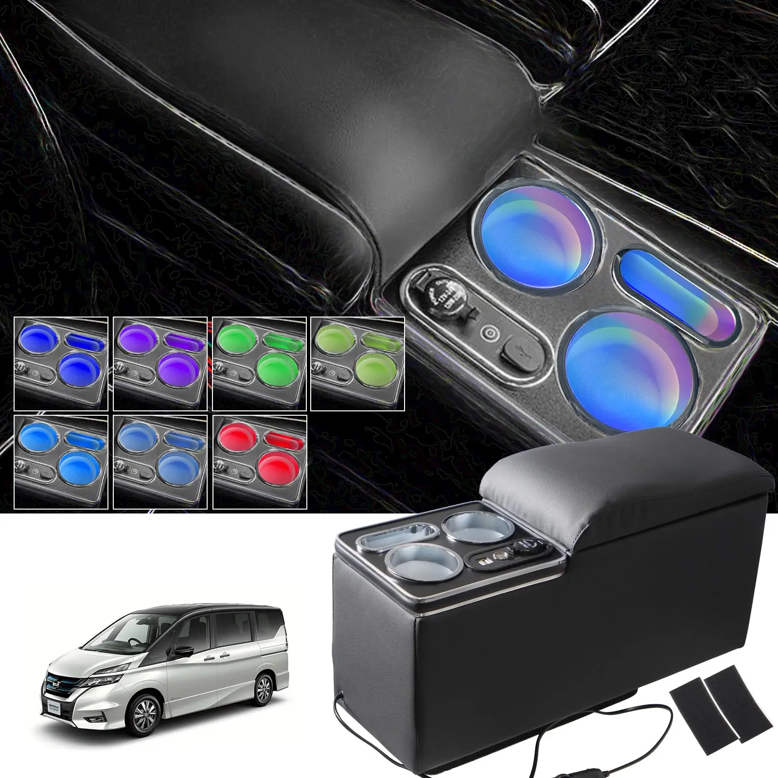 

Intelligent Library For Nissan Serena C27 Console Box Armrest E-Power Armrest Console Box Drink Holder LED USB Port Storage Apar