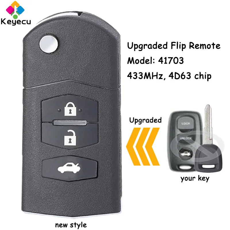 KEYECU Upgraded Flip Remote Car Key With 3 Buttons 433MHz 4D63 Chip for Mazda MX5 MK2.5 2000-2005 Fob Visteon Model NO. 41703