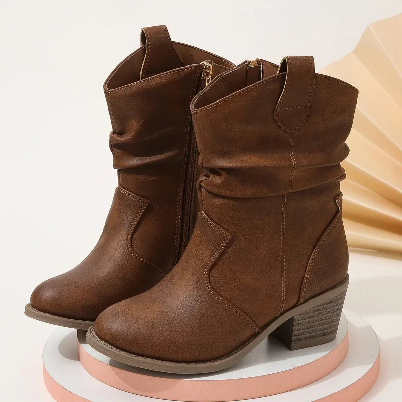 2023 Autumn Spring New Girls Boots Retro Pleated Thick Heel Fashion Kids Versatile Soft Brown Children Casual Boots Elegant Chic