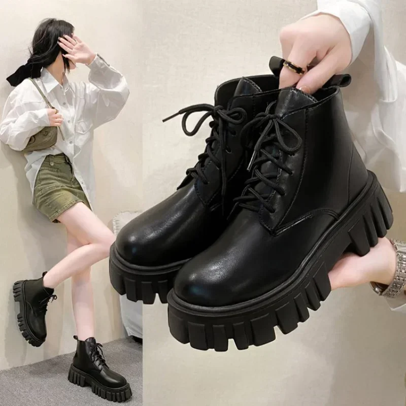 2024 White New Women Ankle Boots  Autumn Winter Platform Zipper Women Punk Boots Thick Sole Lace Up Booties Female Mujer