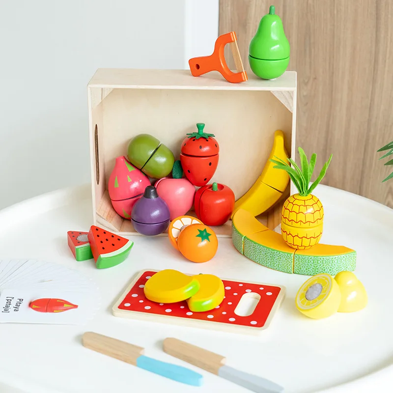 19Pcs Set di giocattoli da cucina per bambini Set di cibo da gioco in legno giocattoli da taglio di frutta per bambini con grembiule giochi di ruolo finti giocattoli educativi